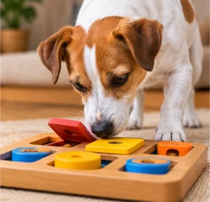 Cachorro brincando com brinquedo interativo tipo quebra-cabeça