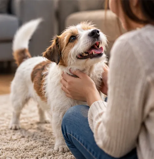 Cachorro pequeno recebendo carinho da tutora e abanando o rabo.