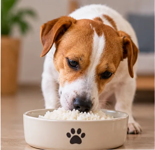 Cachorro comendo arroz branco cozido sem temperos