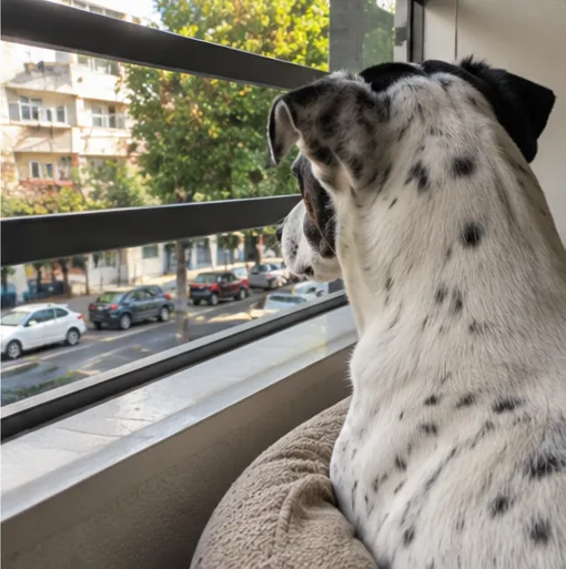 Cachorro branco com manchas pretas observando os carros e as árvores da rua através da janela de um apartamento