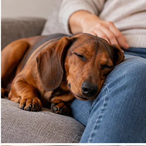 Dachshund dormindo encostado na perna do tutor
