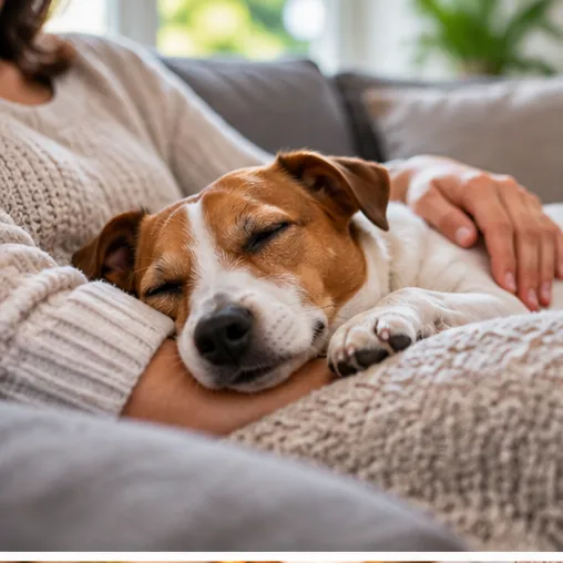 Cão pequeno dormindo tranquilamente perto do tutor no sofá