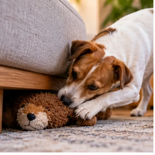 Cachorro escondendo brinquedo embaixo do sofá