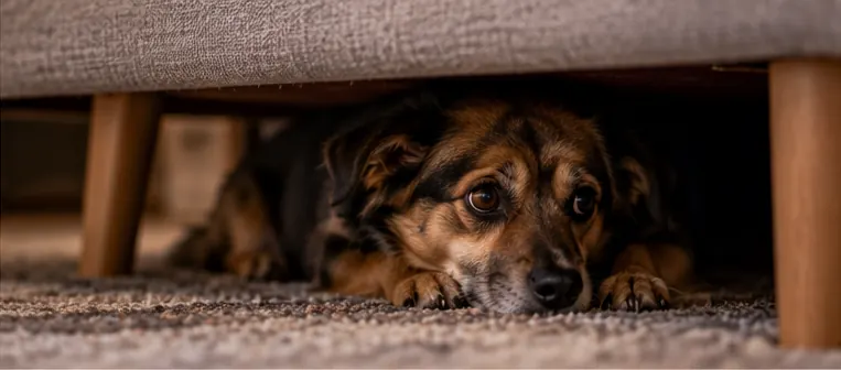Cachorro assustado escondido embaixo do sofá durante uma tempestade.