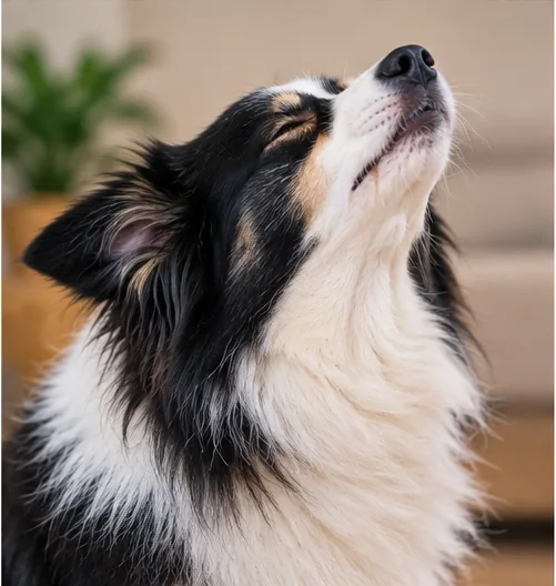 Cachorro com pescoço estendido durante episódio semelhante a espirro reverso