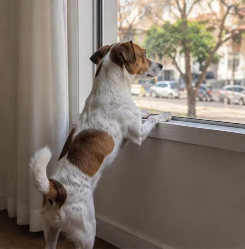 Cachorro pequeno branco e marrom apoiado no parapeito interno da janela, observando carros e árvores na rua