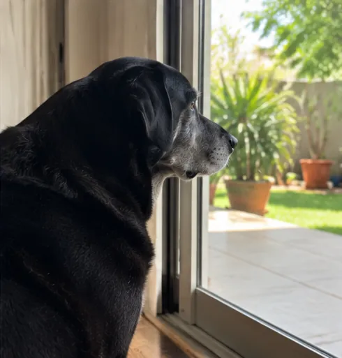 Cachorro Labrador preto com focinho grisalho observando tranquilamente o quintal pela porta de vidro