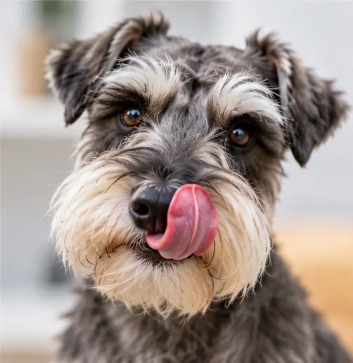 Cachorro schnauzer lambendo o próprio focinho.