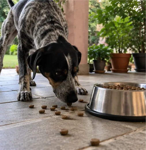 Cachorro de pelagem malhada comendo ração no piso do quintal ao lado de um pote de metal