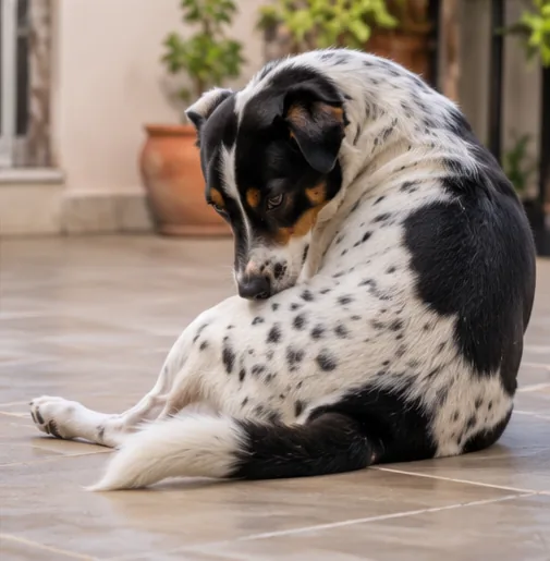 Cachorro de pelagem branca e preta com manchas olhando para o bumbum no quintal.