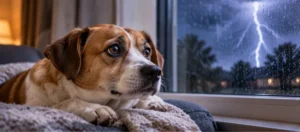 Cachorro branco e marrom deitado perto da janela enquanto uma tempestade com relâmpagos acontece lá fora.