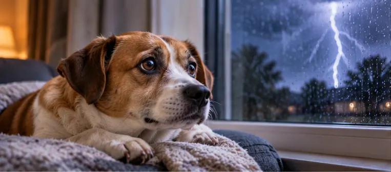 Cachorro branco e marrom deitado perto da janela enquanto uma tempestade com relâmpagos acontece lá fora.