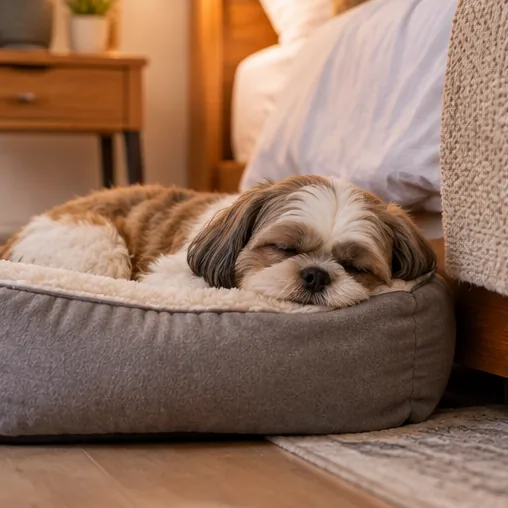 Shih-tzu descansando em caminha ao lado da cama