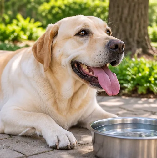 Labrador descansando à sombra, com água próxima
