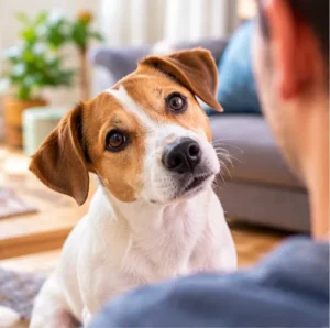Cachorro olhando atentamente para o dono em casa