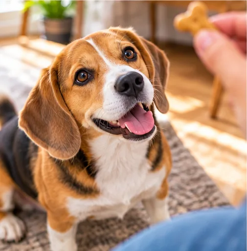 Cachorro olhando para o tutor enquanto espera um petisco