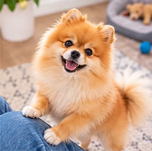 Cachorro pequeno olhando para o tutor e pedindo atenção