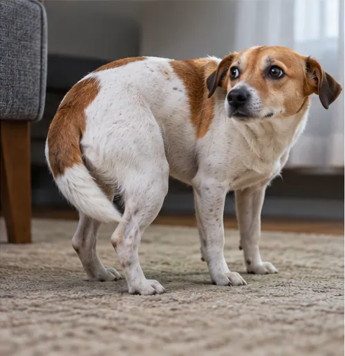 Cachorro branco e marrom em postura cautelosa com o rabo baixo dentro de casa.