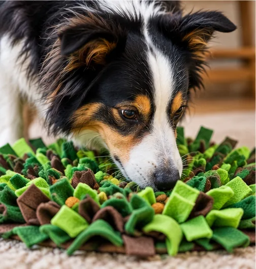 Cachorro usando tapete de lamber como atividade de enriquecimento