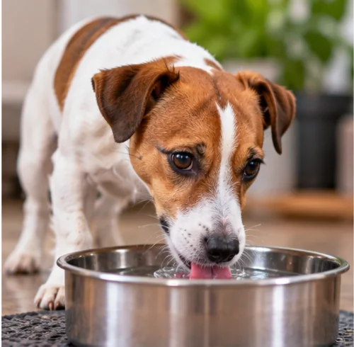 Cachorro terrier branco e marrom bebendo água em tigela de inox dentro de casa