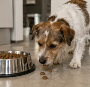 Cachorro terrier comendo grãos de ração no piso da cozinha ao lado de um pote de metal cheio