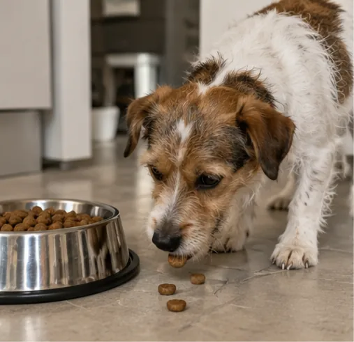 Cachorro terrier comendo grãos de ração no piso da cozinha ao lado de um pote de metal cheio