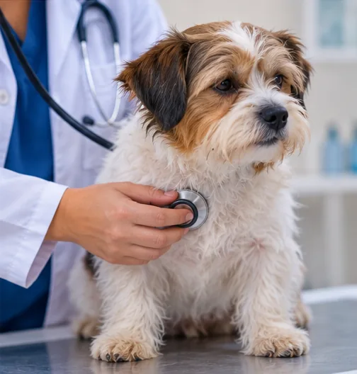 Cachorro sendo examinado por veterinário após apresentar tosse