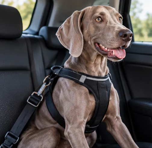 Cachorro Weimaraner usando peitoral de contenção no banco traseiro de um carro.