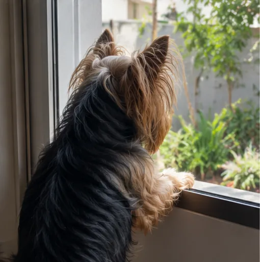 Cachorro Yorkshire Terrier olhando pela janela de casa para as plantas do jardim.