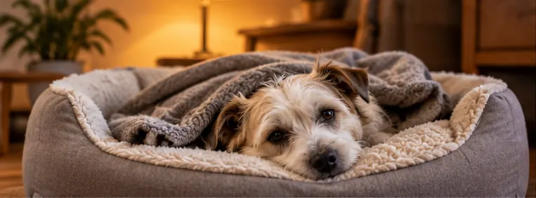 Cachorro pequeno descansando em uma cama confortável com mantas dentro de casa, sem medo de trovão