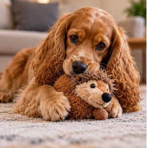 Cocker Spaniel com seu brinquedo favorito.