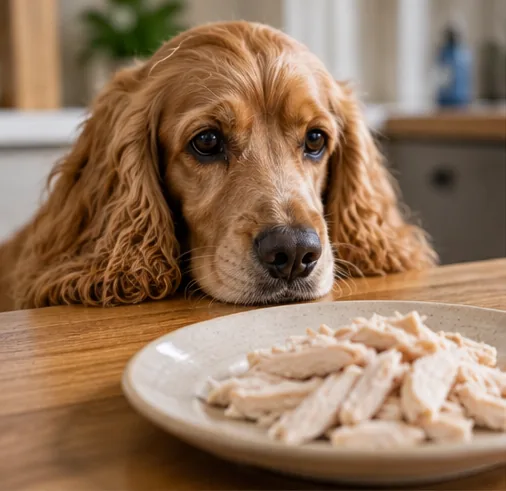 Cocker Spaniel observando pedaços de frango cozido sem temperos em um prato sobre a mesa.