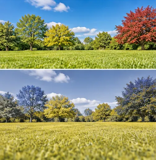 omparação ilustrativa aproximada entre as cores de uma paisagem na visão humana e na visão canina.
