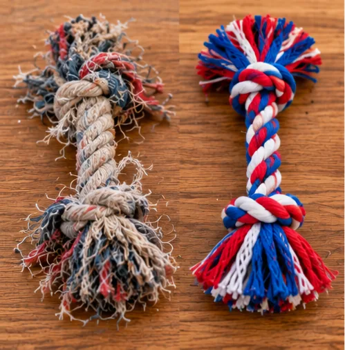 Comparação entre brinquedo de corda desgastado e brinquedo de corda novo
