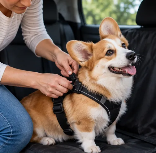 Tutora ajustando o peitoral de segurança de um cachorro Corgi antes da viagem de carro.