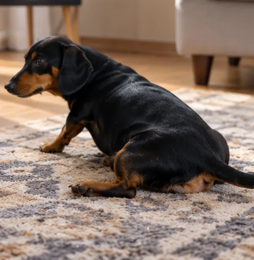 Cachorro Dachshund preto e caramelo com o bumbum sobre tapete em sala de estar.