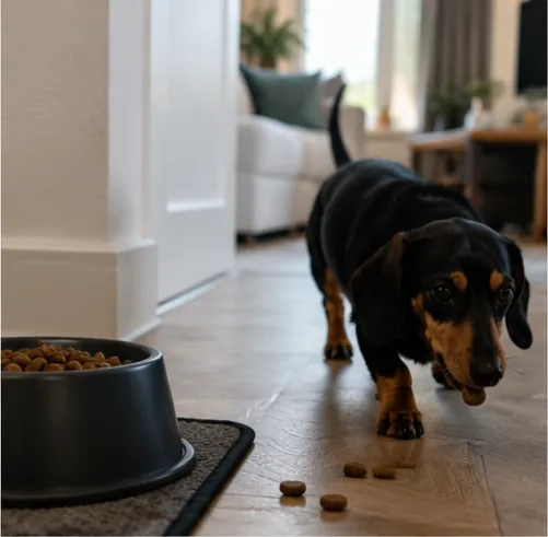 Cachorro Dachshund levando um grão de ração na boca para longe do pote preto