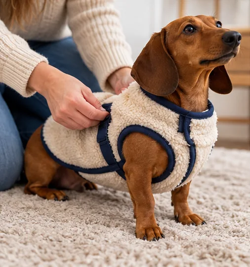 Tutor ajustando uma roupinha de tecido macio em um Dachshund marrom dentro de casa.