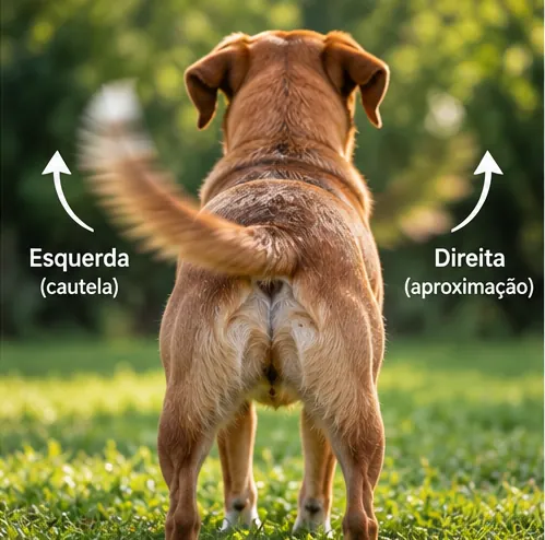 Ilustração fotográfica de cachorro visto por trás com indicações de movimento do rabo para esquerda e direita.