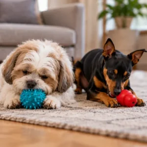 Dois cachorros brincando com brinquedos diferentes.