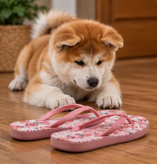 Filhote de Akita observando um par de chinelos cor-de-rosa no chão.