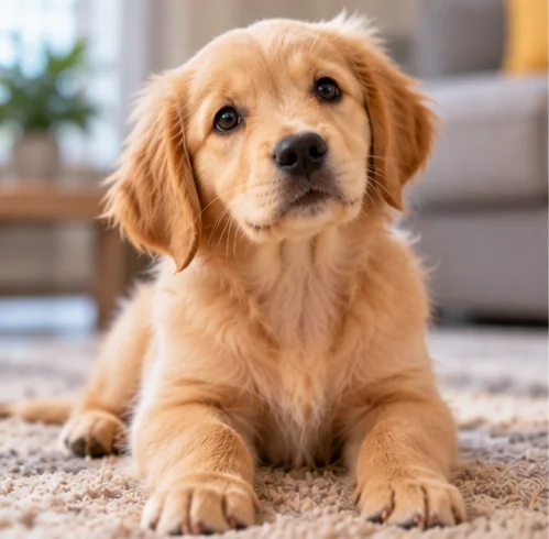 Filhote de Golden Retriever sentado em tapete macio, olhando com curiosidade para a câmera