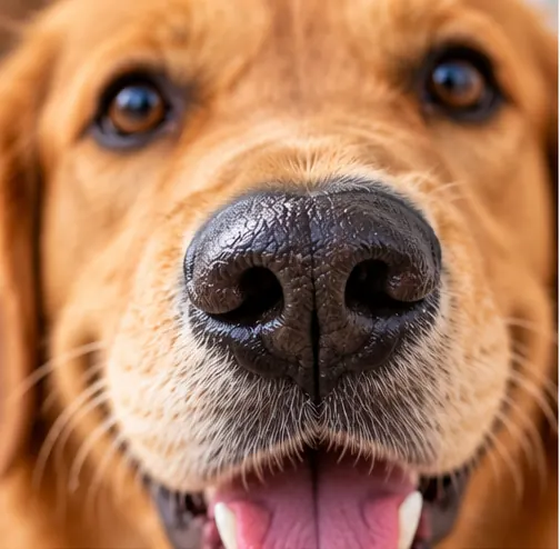 Close do focinho úmido de um cachorro de pelagem dourada.