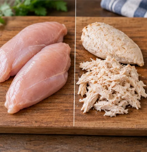 Comparação entre peito de frango cru e frango cozido e desfiado em uma tábua.