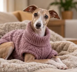 Galgo italiano de pelagem curta usando suéter rosa enquanto descansa em uma manta macia.