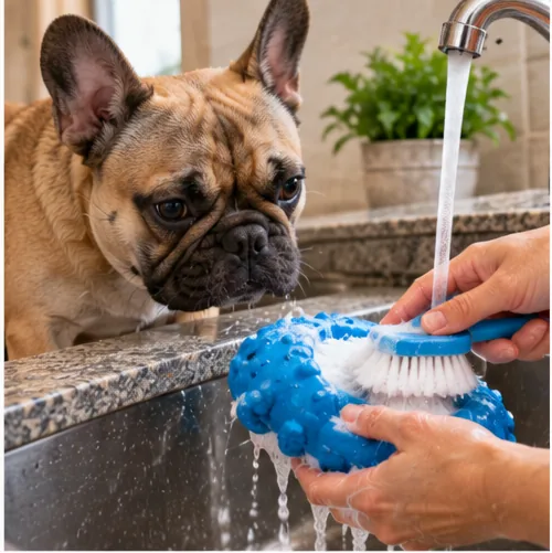 Brinquedo de borracha azul sendo lavado com escova enquanto um bulldog francês observa