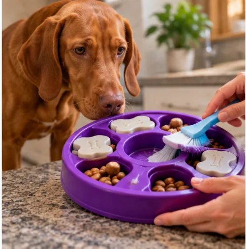 Brinquedo interativo para cachorro sendo limpo com escova enquanto cão observa