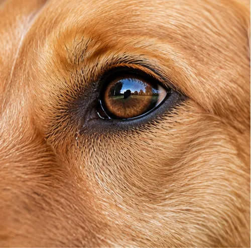 Detalhe do olho castanho de um cachorro, ilustrando a visão canina.
