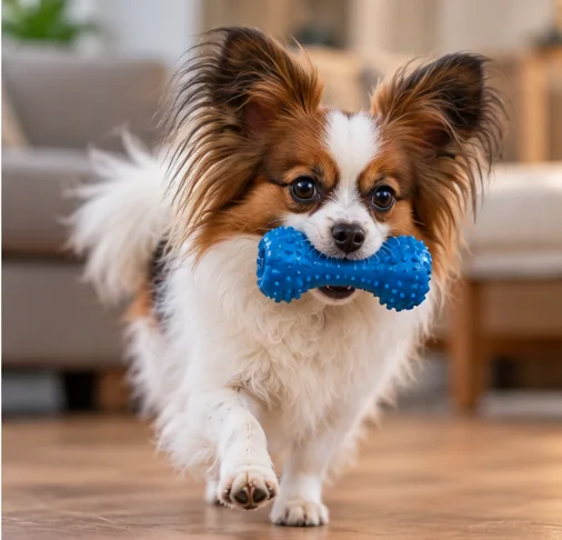 Cachorro Papillon carregando um brinquedo azul apropriado para cães.