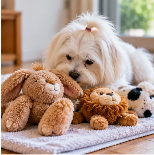 Cachorro maltês ao lado de brinquedos de pelúcia sobre toalha limpa